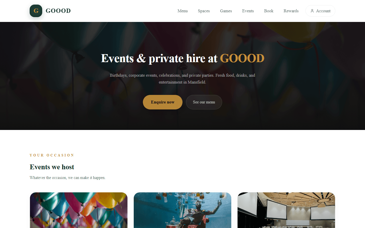 The events page on the GOOOD Restaurant and Lounge site, listing upcoming events and private hire, served by VenueOS.